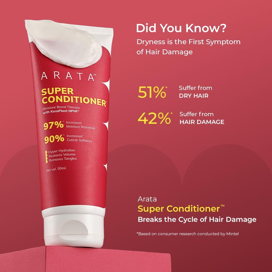 Arata Super Conditioner For Frizzy Hair | Increases Hydration By 97%,Softness By 90% | With Keratin & Rice Water For Smooth, Shiny Hair | Hair Conditioner For Women & Men | For All Hair Types | 50Ml