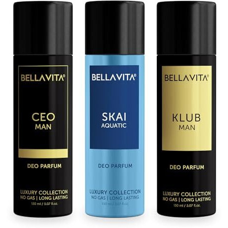 Bella Vita Luxury Unisex Body Parfum Deo Spray Gift Set,Pack Of 3 X 150 Ml, No Gas Long Lasting Premium Fragrance Deodorant|Ceo Men|Skai Aquatic|Klub Men|With Tonka, Bergamot & Vanilla