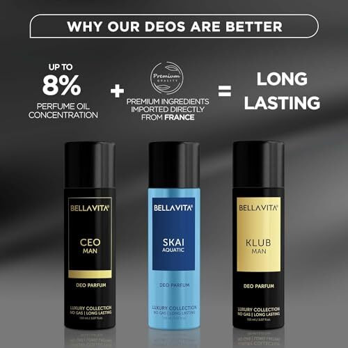 Bella Vita Luxury Unisex Body Parfum Deo Spray Gift Set,Pack Of 3 X 150 Ml, No Gas Long Lasting Premium Fragrance Deodorant|Ceo Men|Skai Aquatic|Klub Men|With Tonka, Bergamot & Vanilla