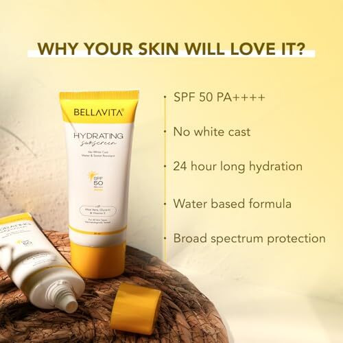 Bellavita Water Based Hydrating Sunscreen, Spf 50, Lightweight Pa+++, For All Skin Types, No White Cast, Non - Greasy Finish, Uv Protection, Broad Spectrum, For Men & Women, 50Ml