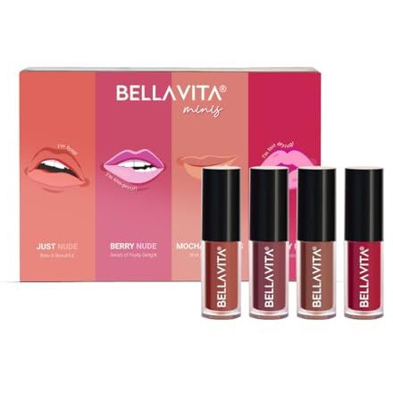 Bellavita Mini Kiss Proof Liquid Lipstick Gift Set Of 4 X 2Ml | Smudge & Transfer-Proof | Intense Moisturisation | Just Nude + Berry Nude + Mocha Madness + Cherry Pop | Lipstick Combo Set