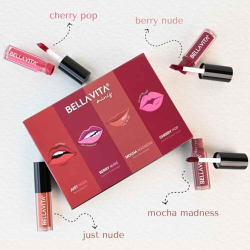 Bellavita Mini Kiss Proof Liquid Lipstick Gift Set Of 4 X 2Ml | Smudge & Transfer-Proof | Intense Moisturisation | Just Nude + Berry Nude + Mocha Madness + Cherry Pop | Lipstick Combo Set