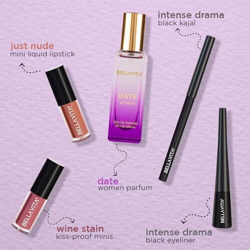 Bellavita Date Night Gift Item For Women | Date Perfume 20Ml + 2 Mini Liquid Lipstick Combo + Kajal + Eyeliner | Gift Set For Women | Makeup Kit