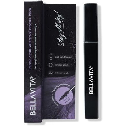 Bellavita Intense Drama Waterproof Mascara 8Ml | Lengthening & Volumizing Mascara | Curl Lock Formula | Smudge-Proof | Waterproof | Jet Black