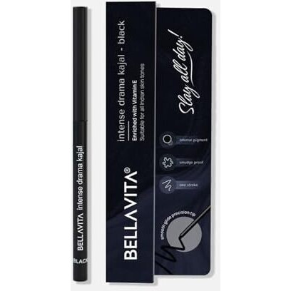 Bellavita Intense Drama Kajal, Black, Intense Pigment, Smudge-Proof, Long Lasting, Enriched With Vitamin E & Almond Oil, Glossy, 0.3 G