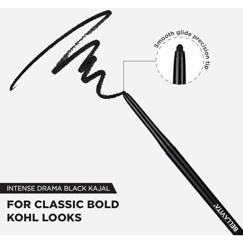 Bellavita Intense Drama Kajal, Black, Intense Pigment, Smudge-Proof, Long Lasting, Enriched With Vitamin E & Almond Oil, Glossy, 0.3 G