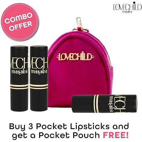 Lovechild Masaba Pocket Mini Lipsticks Set Of 3 With Free Travel Pouch, Hydrating & Long-Lasting Matte Finish, 1.5G Each, Shades For All Skin Tones, Compact & Travel-Friendly Gift Pack, Combo B