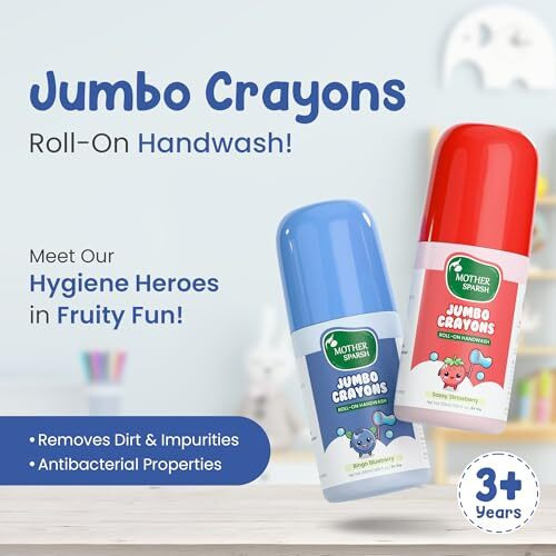 Mother Sparsh Jumbo Crayon Roll-On Kids Handwash (Pack Of 2) | Strawberry & Blueberry Scented | Non-Toxic Hand Wash For Kids & Babies, Paraben Free, Sls Free, Alcohol Free | Colourful Soap Pen