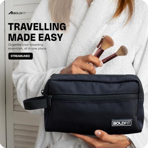 Boldfit Polyester Toiletry Bag For Men & Women Makeup Pouch, Travel Essentials Travel Organizer Travel Pouch For Men For Travel Kit For Toiletries, Wash Bag - Black, 18 Cm Width