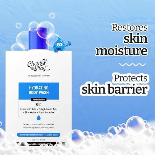 Chemist At Play Hydrating Body Wash | With 5% Hyaluronic Acid Bodywash For Intense Hydration | Reduces Flakes & Itchiness | For Dry Skin | Polyglutamic Acid & Hyaluronic Acid | For Women & Men | 236Ml