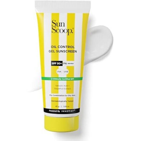 Sunscoop Oil-Control Gel Sunscreen | Spf 50+, Pa++++ | Mineral Oil & Petroleum Free | Controls Excess Oil | Unclogs Pores | Anti-Ageing | Lightweight | 45 G