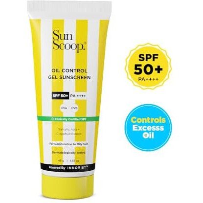 Sunscoop Oil-Control Gel Sunscreen | Spf 50+, Pa++++ | Mineral Oil & Petroleum Free | Controls Excess Oil | Unclogs Pores | Anti-Ageing | Lightweight | 45 G