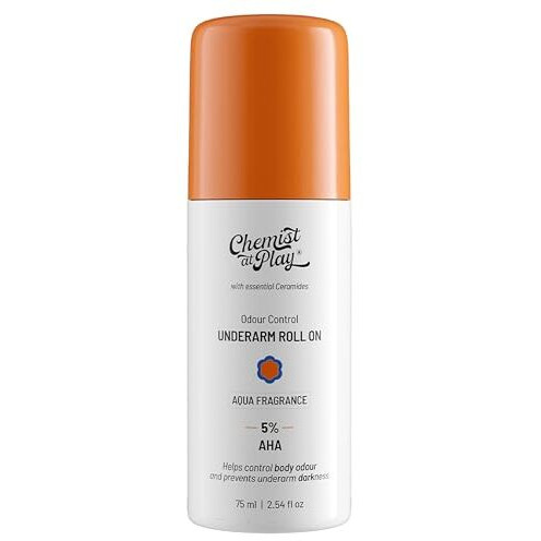 Chemist At Play Underarm Roll-On With 5% Aha, Lactic Acid & 1% Mandelic Acid | Prevents Body Odour, Brightens Skin & Exfoliates Underarm | Fades Pigmentation & Kills Bacteria | For Sensitive Skin | Aqua Fragrance | Alcohol Free - 75Ml