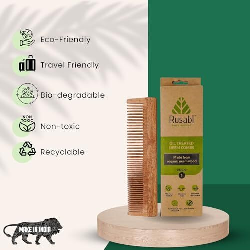 Rusabl Kacchi Neem Wooden Comb For Men & Women (Fine Tooth) Pure Wood, Ideal For Hair Growth, Detangling, Frizz Control & Shine, Suited For All Hair Types