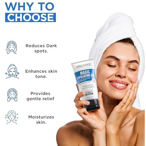 Orgatre Magic Exfoliating Scrub Gel | Instant Tan & Dead Skin Removal For Face & Body | Dermatologically Tested With Niacinamide 0.001%, Glycolic Acid 0.10%, Salicylic Acid 0.01% & Hyaluronic Acid | 175Ml Tan Removal Cream & Detan Gel