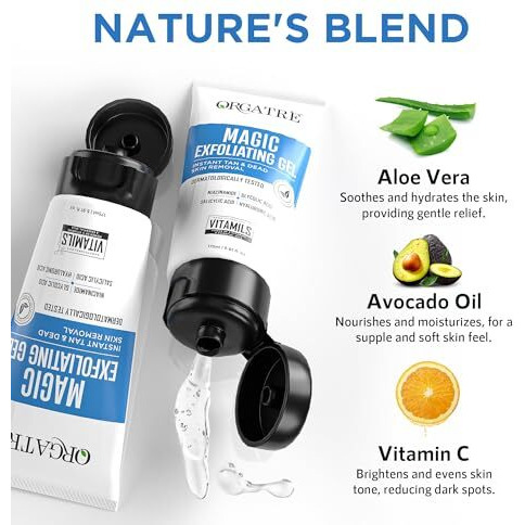 Orgatre Magic Exfoliating Scrub Gel | Instant Tan & Dead Skin Removal For Face & Body | Dermatologically Tested With Niacinamide 0.001%, Glycolic Acid 0.10%, Salicylic Acid 0.01% & Hyaluronic Acid | 175Ml Tan Removal Cream & Detan Gel