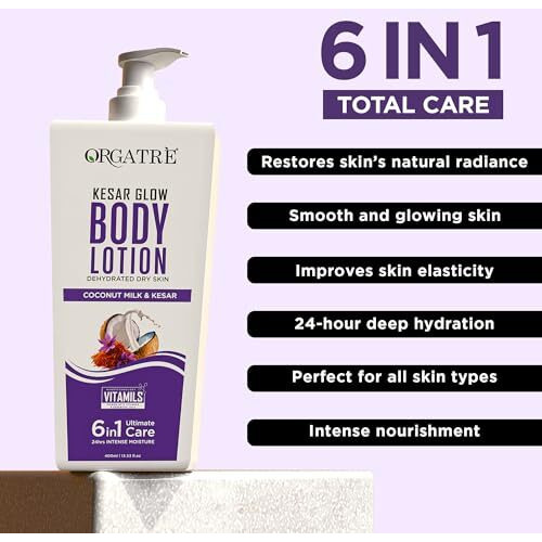 Orgatre Kesar Glow Body Lotion For Dry Skin | Coconut Milk & Saffron | Deep Moisturization & Brightening | 24H Intense Hydration | For Women, Men & Kids | Antioxidant Protection  400Ml