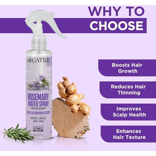 Orgatre Rosemary Water Spray For Hair Growth & Controls Hairfall With Biotin | Pure Natural Green Extraction Technologies | Controls Dandruff & Itchiness | Enhances Hair Texture & Shine | Non-Greasy & Fast Absorbing | 200 Ml
