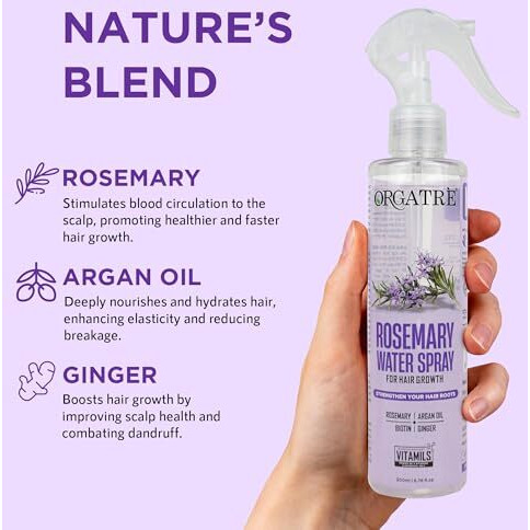 Orgatre Rosemary Water Spray For Hair Growth & Controls Hairfall With Biotin | Pure Natural Green Extraction Technologies | Controls Dandruff & Itchiness | Enhances Hair Texture & Shine | Non-Greasy & Fast Absorbing | 200 Ml
