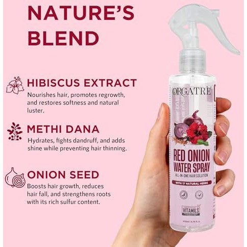 Orgatre Red Onion Water Spray For Hair Growth | 100% Natural Red Onion Extract With 17 Herbs | Hair Growth & Volume Booster | No Sticky Residue | 200Ml
