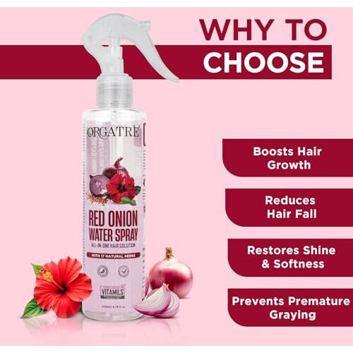 Orgatre Red Onion Water Spray For Hair Growth | 100% Natural Red Onion Extract With 17 Herbs | Hair Growth & Volume Booster | No Sticky Residue | 200Ml
