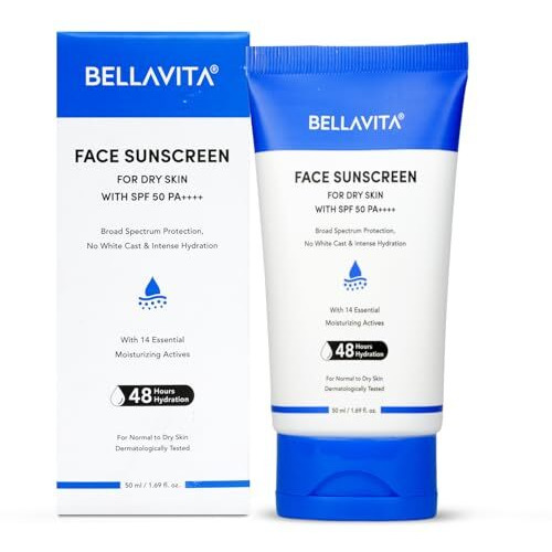 Bellavita Sunscreen Spf 50 For Dry Skin|Spf 50 Pa++++|Broad Spectrum Protection | No White Cast | Water & Sweat Resistant|Dermatologically Tested|Hydrating Sunscreen|48Hrs Hydration | For Men & Women | 50Ml