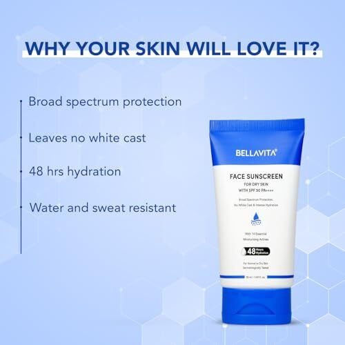 Bellavita Sunscreen Spf 50 For Dry Skin|Spf 50 Pa++++|Broad Spectrum Protection | No White Cast | Water & Sweat Resistant|Dermatologically Tested|Hydrating Sunscreen|48Hrs Hydration | For Men & Women | 50Ml