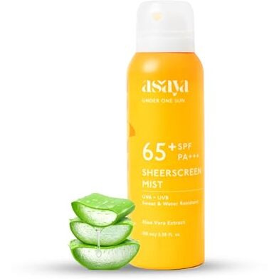 Asaya Spf 65+ Waterproof Sunscreen Spray | Broad Spectrum Uva/B Protection | Blue Light Sunscreen Protection | Quick Drying & Lightweight | No White Cast & Invisible Finish | Matte Finish | With Aloe Vera Extract For Hydration | Sweat & Water Resistant | Easy Reapplication | For Men & Women | Oily & Dry Skin | Face & Body | 100Ml