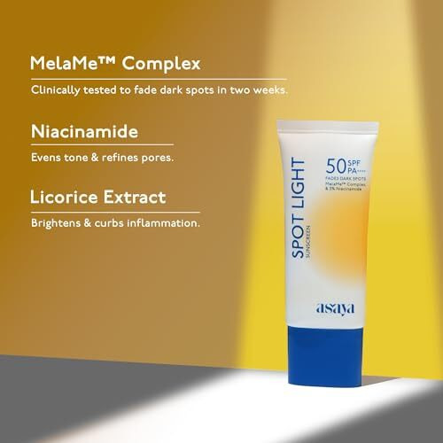 Asaya Spot Light Sunscreen Spf 50 Pa++++ | Uva/B Blue Light Protect | Depigmentation Cream For Dark Spots & Acne Marks | Melame Complextm, Niacinamide & Licorice | Oil-Free | Quick Drying & Lightweight | No White Cast & Invisible Finish | Water & Sweat Resistant | Fragrance-Free | For Even Tone | For Men & Women | Oily, Dry, Sensitive & Combination Skin | 50 Ml