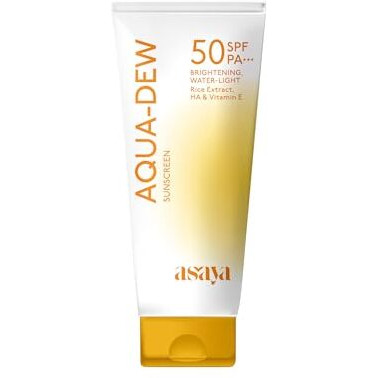 Asaya Aqua Dew Sunscreen Spf 50 Pa+++ | Uva/B Light Protection | Blue Light Protect | Dewy | With Rice Extract | No White Cast | Prevents Tanning | Ultra Light Water Sunscreen | Water & Sweat Resistant | Fragrance-Free | For Even Toned & Glowing Skin | For Men & Women | Oily, Dry & Sensitive Skin | 50 Ml
