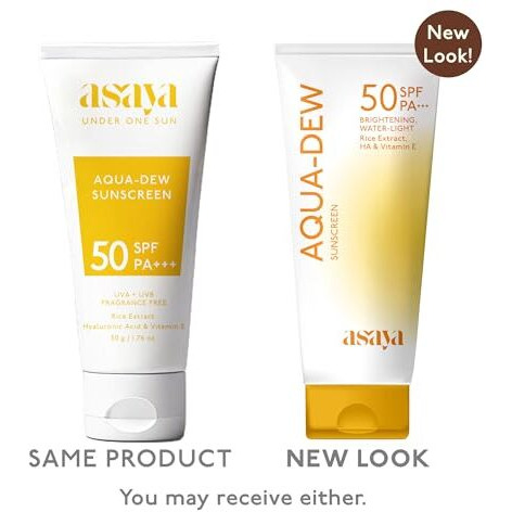 Asaya Aqua Dew Sunscreen Spf 50 Pa+++ | Uva/B Light Protection | Blue Light Protect | Dewy | With Rice Extract | No White Cast | Prevents Tanning | Ultra Light Water Sunscreen | Water & Sweat Resistant | Fragrance-Free | For Even Toned & Glowing Skin | For Men & Women | Oily, Dry & Sensitive Skin | 50 Ml