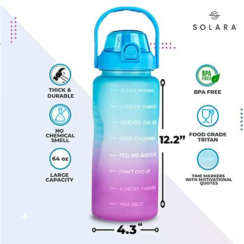 Solara Sipper Water Bottle For Adults 2 Litre With Motivational Time Marker, Leakproof Durable Bpa Free Non-Toxic Tritan Water Bottle For Gym, Home, Travel, Sports, Gifts And Office, Blue Fuschia