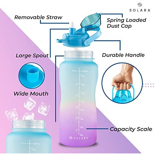 Solara Sipper Water Bottle For Adults 2 Litre With Motivational Time Marker, Leakproof Durable Bpa Free Non-Toxic Tritan Water Bottle For Gym, Home, Travel, Sports, Gifts And Office, Blue Fuschia