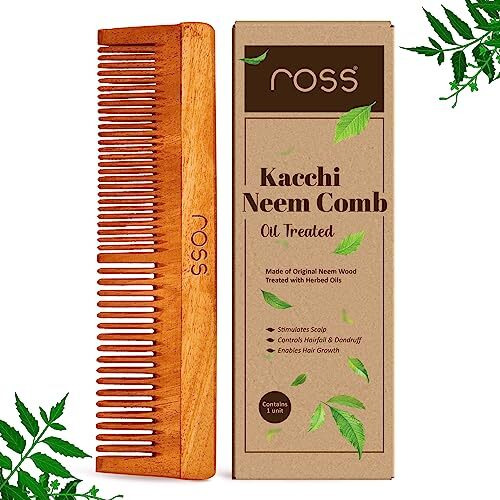 Ross Oil Treated Kacchi Neem Comb, Treated With Neem Oil, Bhringraj & 15+ Herbs, Hair Growth, Anti Hairfall, Dandruff Control |Frizz Control Wooden Comb For Men, Women (Dual Tooth)