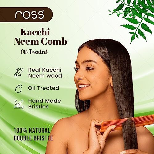 Ross Oil Treated Kacchi Neem Comb, Treated With Neem Oil, Bhringraj & 15+ Herbs, Hair Growth, Anti Hairfall, Dandruff Control |Frizz Control Wooden Comb For Men, Women (Dual Tooth)
