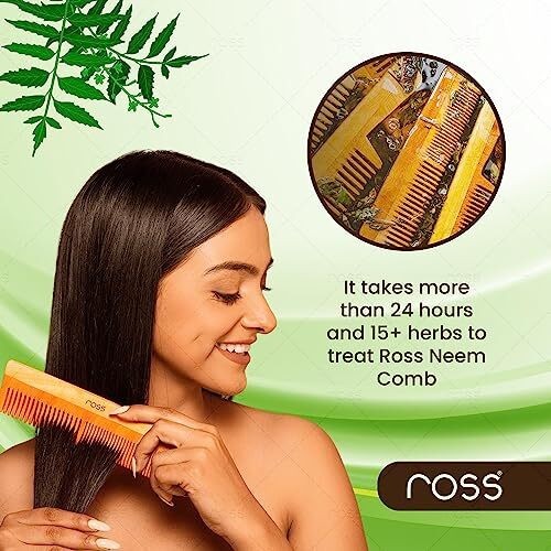 Ross Oil Treated Kacchi Neem Comb, Treated With Neem Oil, Bhringraj & 15+ Herbs, Hair Growth, Anti Hairfall, Dandruff Control |Frizz Control Wooden Comb For Men, Women (Dual Tooth)