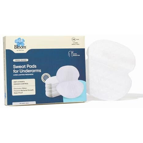Bloom Sweat Pads For Underarms | 14 Pads (7 Pairs) | For Underarm Sweat Stains & Foul Odour | Breathable Material For Quick Absorption | Ultra Thin And Deodorising | Self-Adhesive Sweat Pads |