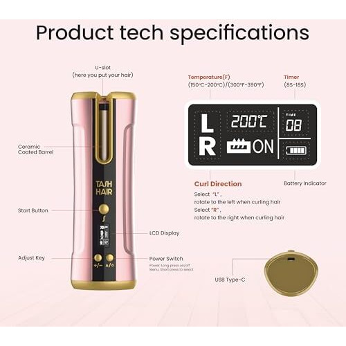 Tash Hair Twirl Cordless Automatic Hair Curler |Professional Curling Iron With Ceramic Barrel|Portable&Rechargeable With Multiple Temperature&Heat Settings|60 Min Runtime With 1 Year Warranty-Blush