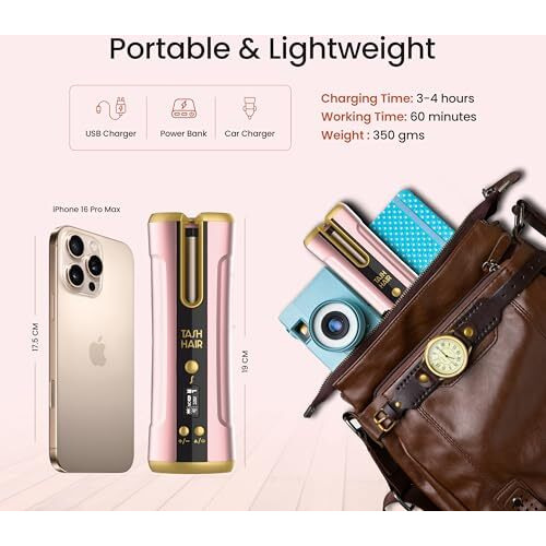 Tash Hair Twirl Cordless Automatic Hair Curler |Professional Curling Iron With Ceramic Barrel|Portable&Rechargeable With Multiple Temperature&Heat Settings|60 Min Runtime With 1 Year Warranty-Blush