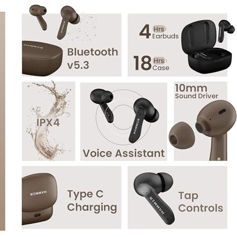 Hammer Solitude Bluetooth Earbuds With Upto 22H Playtime, Quad Mic With Enc, Fast Charging Type-C, Ipx4 Water Resistant, Bluetooth V5.3, Touch Controls And Voice Assistant (Mocha Brown)