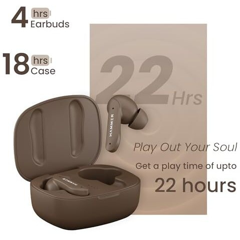Hammer Solitude Bluetooth Earbuds With Upto 22H Playtime, Quad Mic With Enc, Fast Charging Type-C, Ipx4 Water Resistant, Bluetooth V5.3, Touch Controls And Voice Assistant (Mocha Brown)