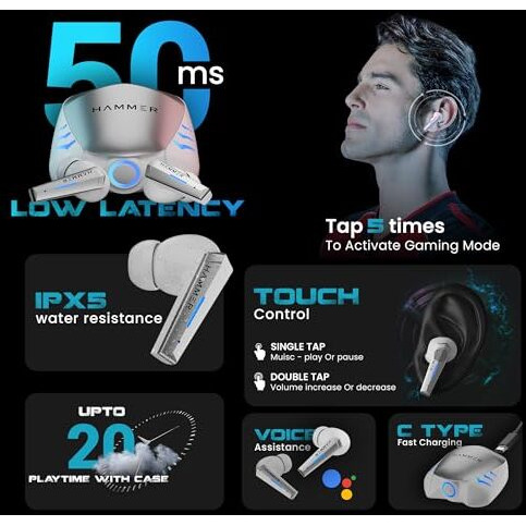 Hammer Arcade True Wirelss Gaming Earbuds With Rgb Lights, 50Ms Low Latency, Type-C Charging, Ipx5, Deep Bass, 20H Playtime, Bluetooth V5.3, Made In India (White)