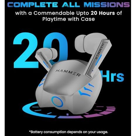Hammer Arcade True Wirelss Gaming Earbuds With Rgb Lights, 50Ms Low Latency, Type-C Charging, Ipx5, Deep Bass, 20H Playtime, Bluetooth V5.3, Made In India (White)
