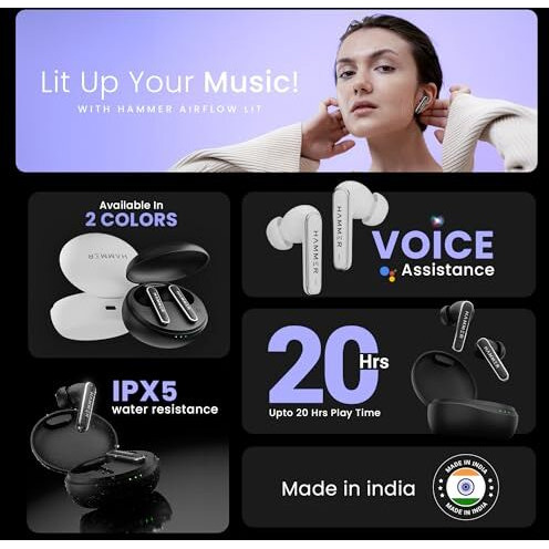 Hammer Airflow Lit True Wireless Earbuds With Upto 20H Playtime, Type-C Charging, Touch Controls, Voice Assistance, Ipx5, Made In India (Black)