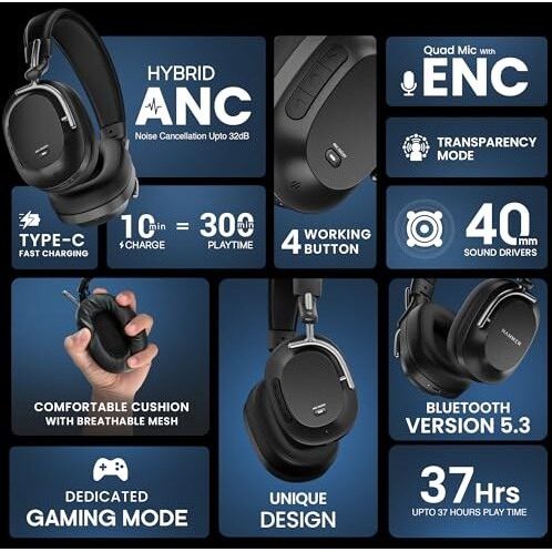 Hammer Bash Pro 33 Db Hybrid Anc Over Ear Wireless Headphones, 4 Mics For Clear Calling, Charge 10Mins  300Mins Playtime, 40Mm Driver, Transparency Mode, 37Hrs Playtime, Super Soft Cushion, 5.3 Black