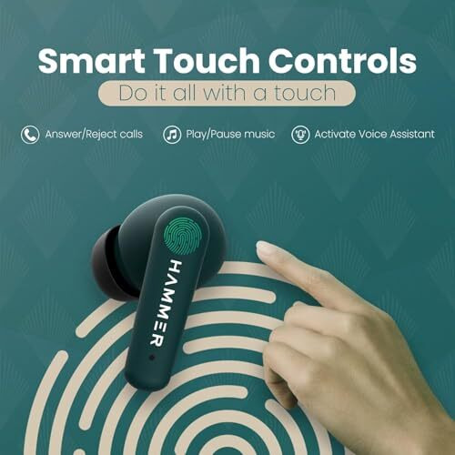 Hammer Airflow Plus Tws Earbuds With Bluetooth 5.1, Smart Touch Control, Type-C Charging, Ipx4 Rated Sweatproof, Stereo Sound, Upto 23 Hours Playback, Noise Isolation (Emerald Green)