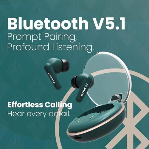 Hammer Airflow Plus Tws Earbuds With Bluetooth 5.1, Smart Touch Control, Type-C Charging, Ipx4 Rated Sweatproof, Stereo Sound, Upto 23 Hours Playback, Noise Isolation (Emerald Green)