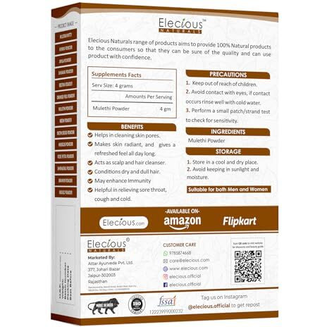Elecious Mulethi Powder For Face, Hair, Eating (200 Grams) | Yashtimadhu, Liquorice (Licorice) Powder For Skin |Edible|Hair And Skin Care | Natural, Preservative-Free