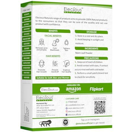 Elecious 100% Neem Powder For Face Pack (200 Grams), Skin & Hair | Anti-Pimple, Anti-Bacterial, Fight Dandruff | 100% Pure And Natural | No Chemical, No Preservative, Paraben-Free