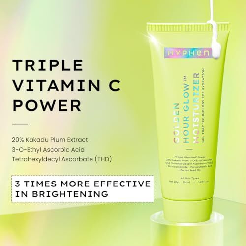 Hyphen Golden Hour Glow Face Moisturizer | Skin Brightening With Triple Vitamin C -20% Kakadu Plum, 3% Niacinamide Oil Free Cream|Oily, Dry, All Skin Types - 50Ml